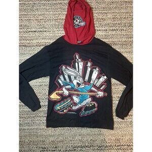 Vintage 90s Bugs Bunny Roller Hockey Kids Shirt Long Sleeve Hood Boys Warner Bro